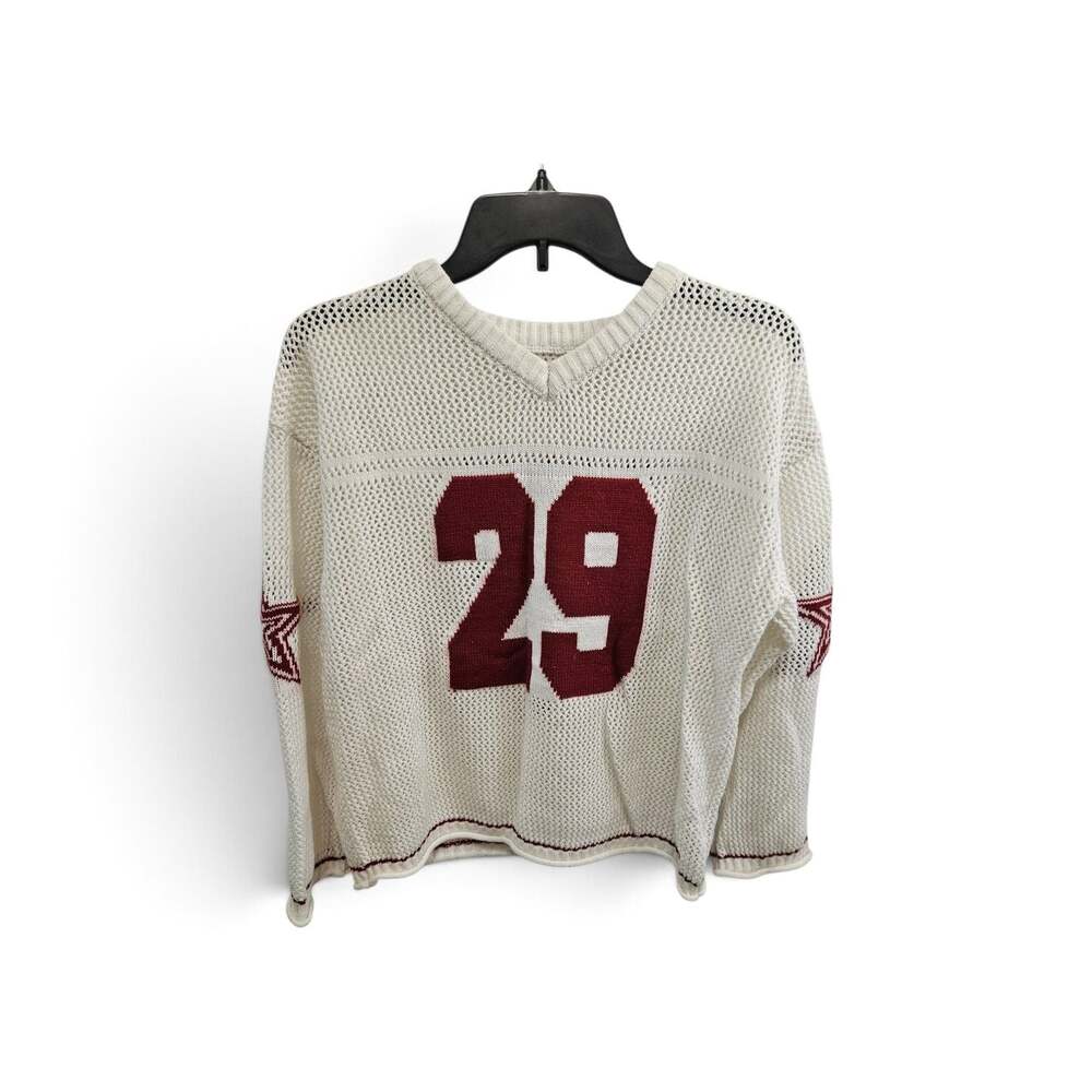 Women's‎ V-Neck Crochet  Knit Jersey Sweater with Star Sleeve and Boston 29
